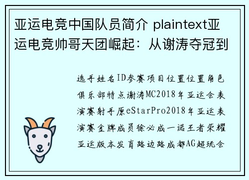 亚运电竞中国队员简介 plaintext亚运电竞帅哥天团崛起：从谢涛夺冠到杭州集训名单揭秘